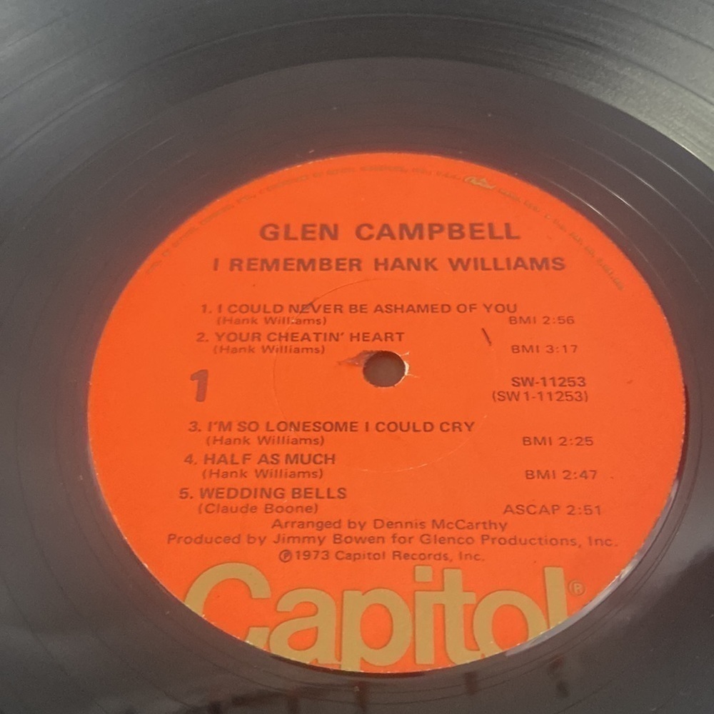 Glen Campbell I Remember Hank Williams Capitol Records 1973 Vinyl Record LP - Picture 8 of 9
